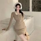 Furry Lapel Knit Dress Khaki - One Size