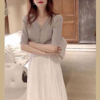 Set: Short-sleeve V-neck Top + Midi Skirt