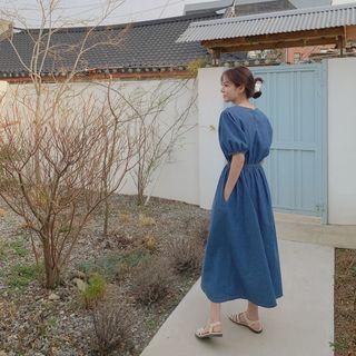 Gathered-waist Denim Long Dress