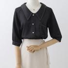 Elbow-sleeve Collared Contrast Stitching Blouse