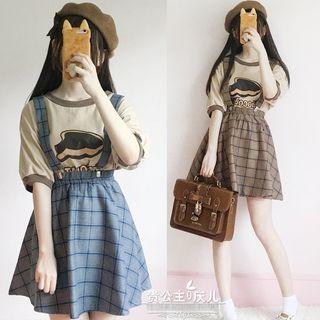 Elbow-sleeve Printed T-shirt / Plaid Mini Jumper Dress