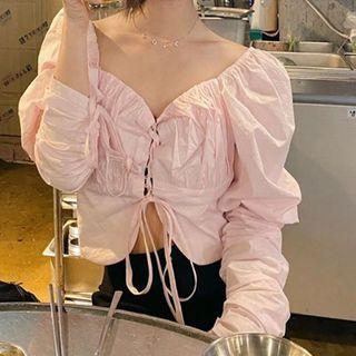 V-neck Crop Blouse Light Pink - One Size