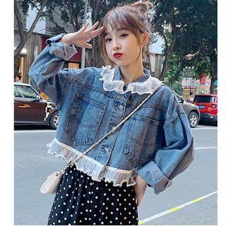 Mesh Panel Lace Trim Denim Jacket