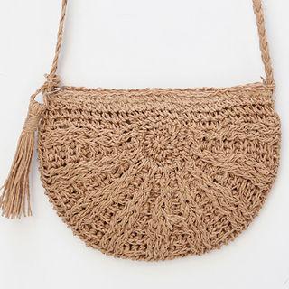Tassel Curvy Woven Raffia Shoulder Bag