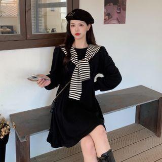 Set: Long-sleeve Mini A-line Dress + Striped Cape