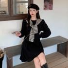 Set: Long-sleeve Mini A-line Dress + Striped Cape