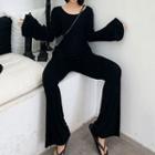 Open Back Long-sleeve T-shirt / High Waist Boot-cut Pants