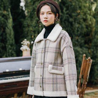 Fleece Collar Panel Plaid Jacket