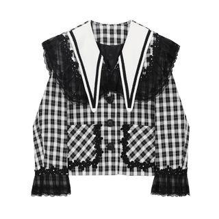 Wide-collar Lace Trim Plaid Button Jacket