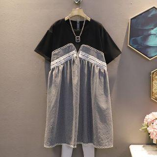 Short-sleeve Panel Plaid Lace Dress