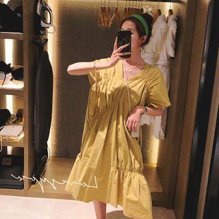 Short-sleeve Drawstring-cuff Midi A-line Dress