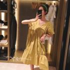 Short-sleeve Drawstring-cuff Midi A-line Dress
