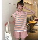 Cap-sleeve Striped Knit Polo Shirt / Wide-leg Shorts
