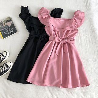 Plain Crewneck Lace-up Dress