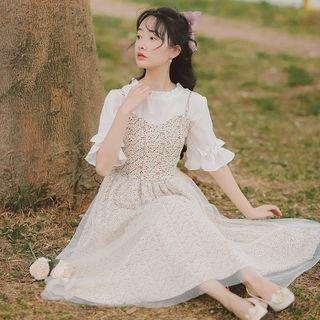 Elbow-sleeve Blouse / Floral Print Midi A-line Pinafore Dress / Set