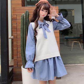 Long-sleeve Bow Accent Dress/ V-neck Sweater