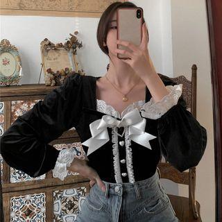 Lace Trim Ribbon Velvet Blouse Black - One Size