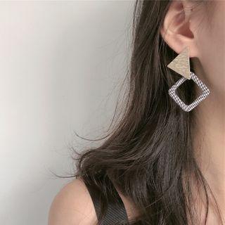 Square Dangle Earring 1 Pair - S925 Silver Needle - Black & White Houndstooth & Gold - One Size