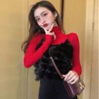 Plain Long-sleeve T-shirt / Fringed Trim Camisole Top