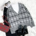 Long-sleeve Plaid Knit Cardigan Gray - One Size