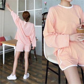 Set: Drop-shoulder Stripe T-shirt + Band-waist Shorts