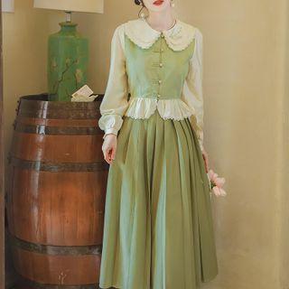 Set: Mock Two-piece Puff-sleeve Floral Embroidered Blouse + Midi A-line Skirt