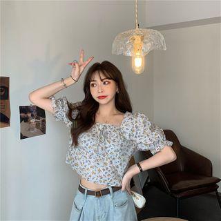 Square Collar Puff-sleeved Floral Shirt