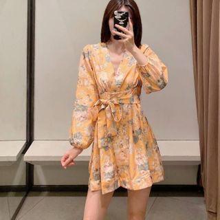 Long-sleeve Sashed Floral Print A-line Mini Dress
