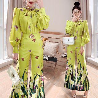 Set: Butterfly Print Blouse + Boot-cut Pants