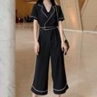 Short-sleeve Contrast Trim Jumpsuit