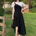 Set: Short-sleeve Asymmetrical Cropped T-shirt + Midi Overall Dress