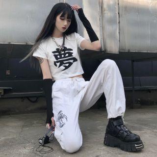 Short-sleeve Chinese Character Print Cropped T-shirt White - One Size