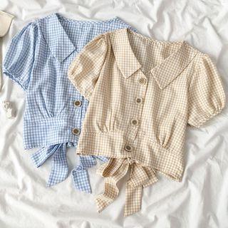 Plaid Ribbon Short-sleeve Blouse