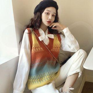 Color Block Sweater Vest / Bow-neck Blouse