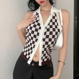 Halter-neck Checker Print Polo Knit Top