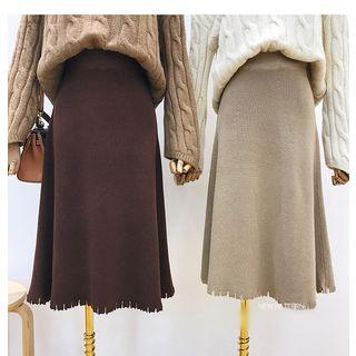 Ripped Hem Midi Knit Skirt