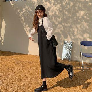 Plain Midi A-line Overall Dress Black - One Size