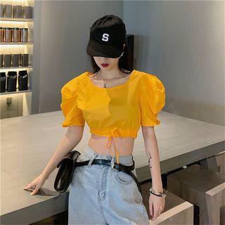 Drawstring Puff-sleeve Crop Top