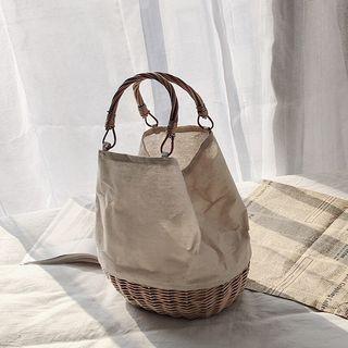 Woven Panel Linen Bucket Bag Khaki - One Size