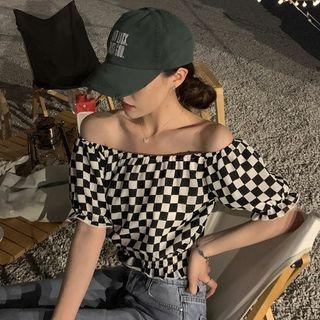Off-shoulder Checkered Blouse Plaid - Black & White - One Size