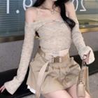 Set: Halter-neck Knit Top + Off-shoulder Shrug