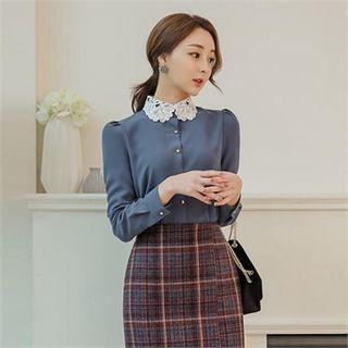Crochet-collar Puff-shoulder Blouse