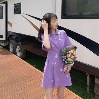 Floral Embroidered Short-sleeve Mini A-line Polo Dress