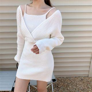 Long-sleeve Mock Two-piece Mini Knit Sheath Dress