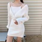 Long-sleeve Mock Two-piece Mini Knit Sheath Dress