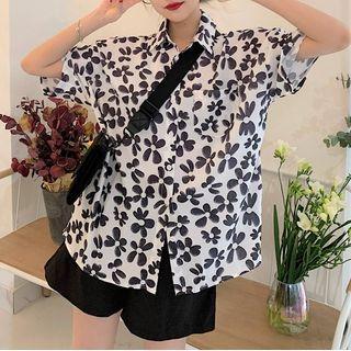 Long-sleeve Mesh Top / Elbow-sleeve Floral Print Shirt