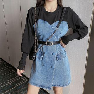 Denim Panel Mini A-line Sweatshirt Dress
