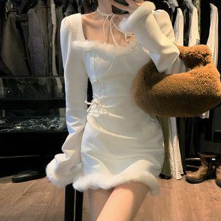 Faux Fur Trim Long-sleeve Mini Dress