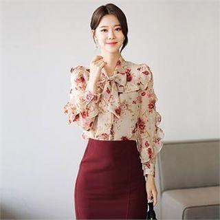 Tall Size Frill-trim Floral Print Chiffon Blouse