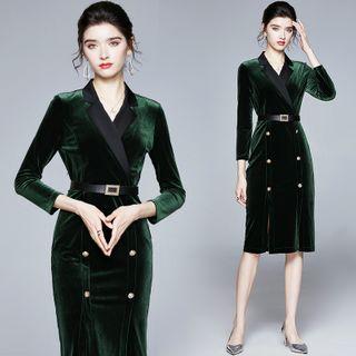 Velvet Double-breasted Midi Sheath Blazer Dress
